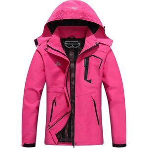 Women's Red Waterproof Lightweight Rain Jacket, Windproof Trench Coat Hood